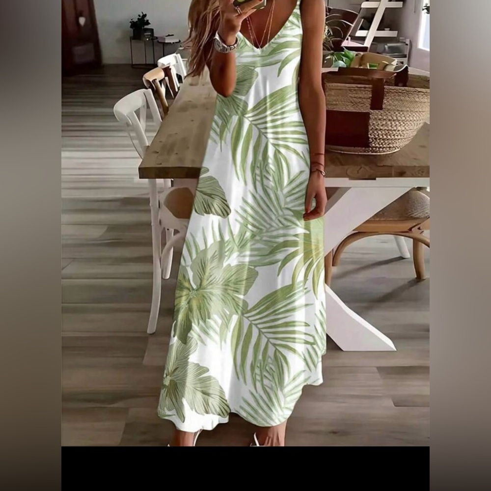 INAWLY Green Spaghetti Strap Sleeveless Sundress Maxi